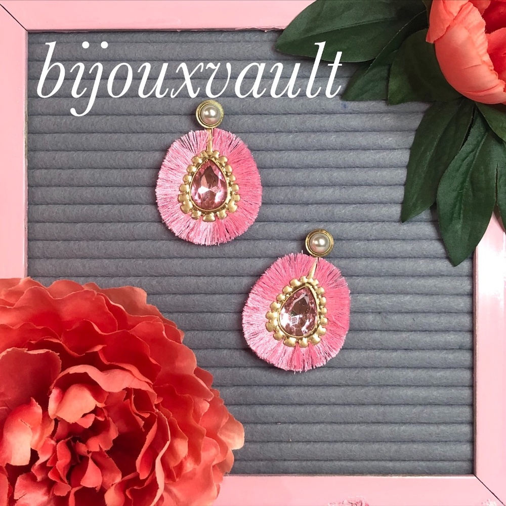 Gold Plated Fringed Teardrop Pink Fashion Earrings